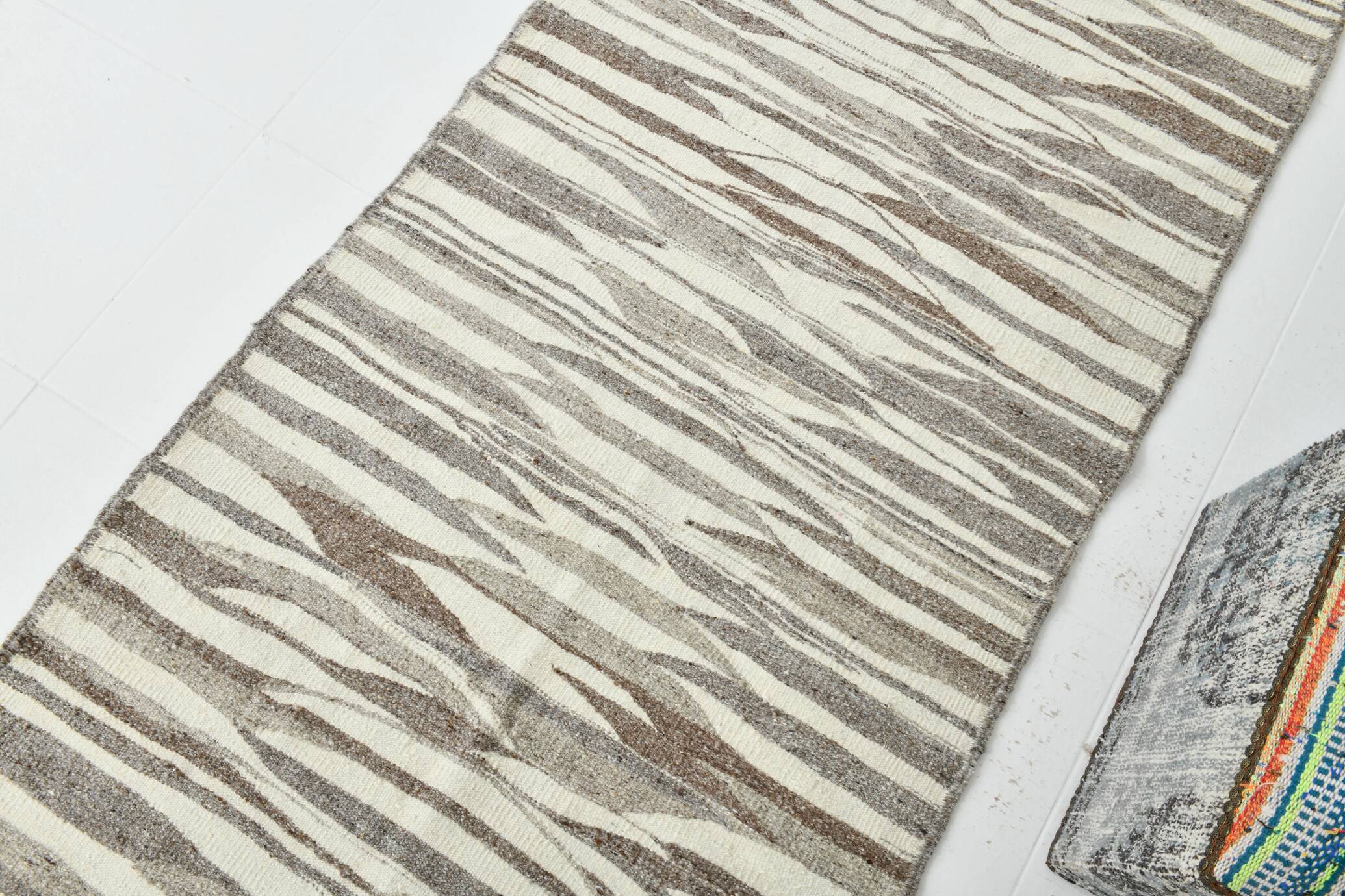 3x12 Brown & Beige Striped Vintage Kilim Runner Rug, 94x358Cm