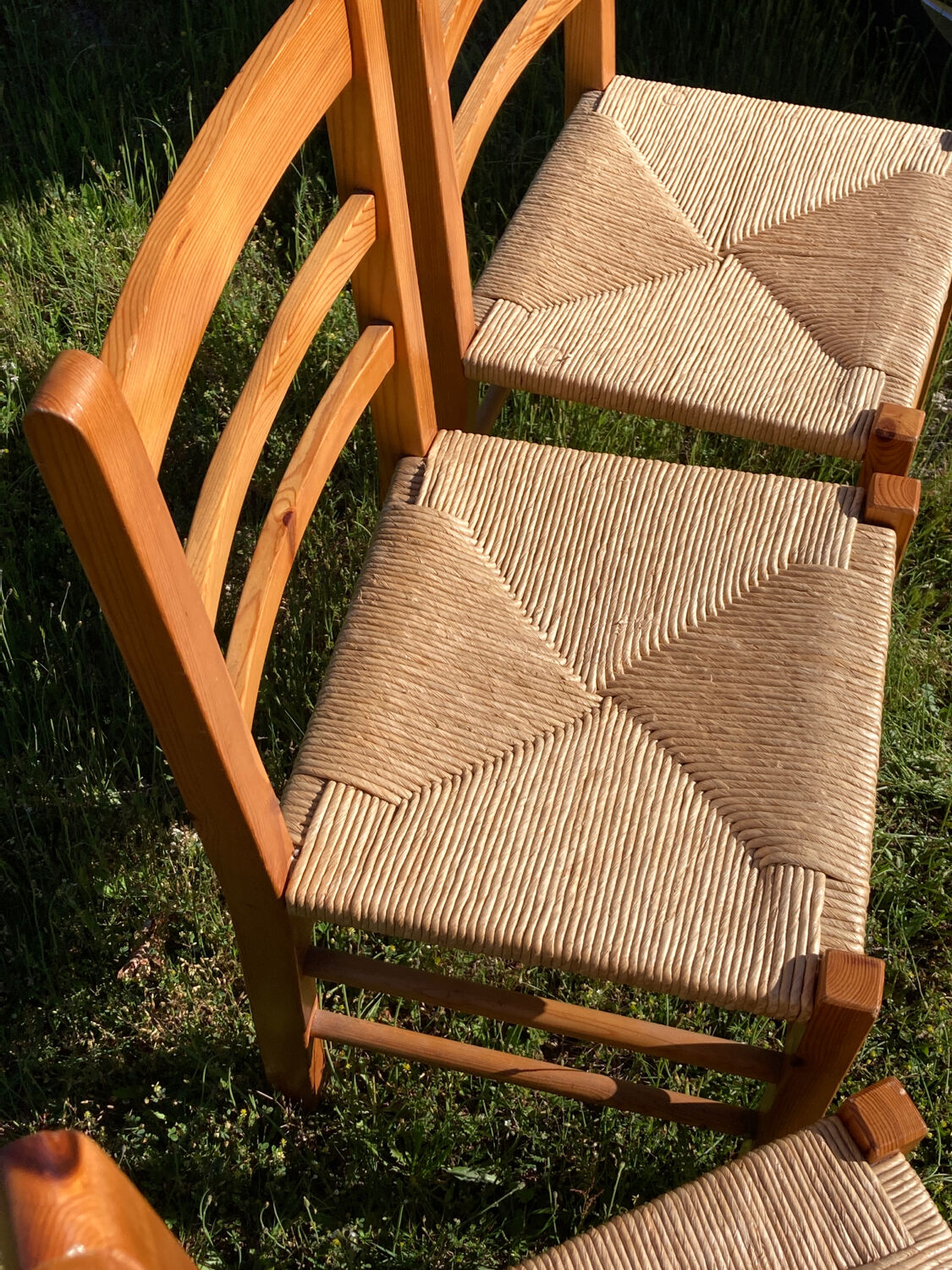 4 straw chairs in vintage pine wood 1980 1990