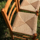4 straw chairs in vintage pine wood 1980 1990