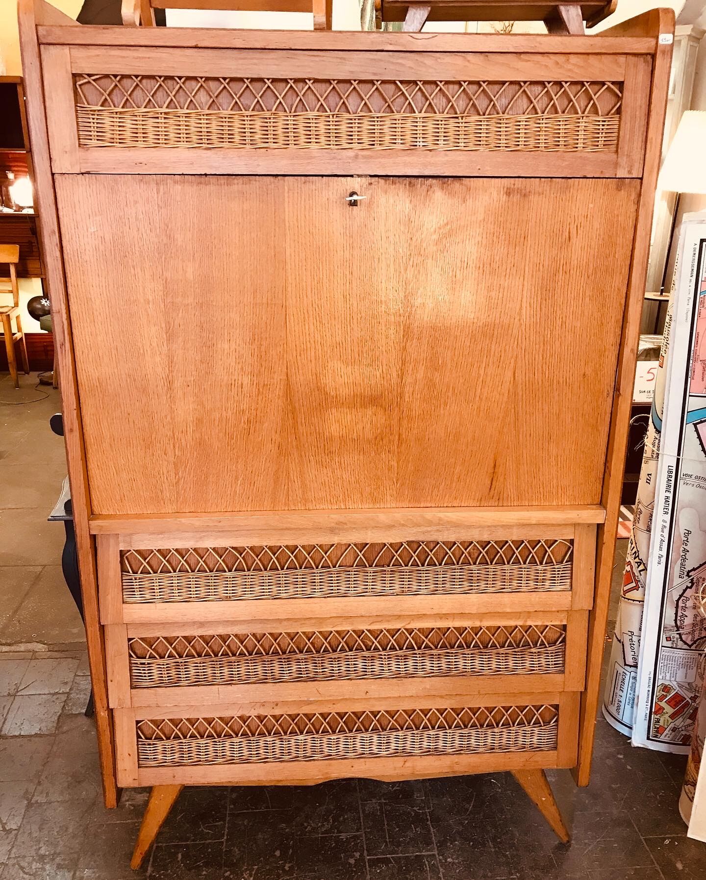 Vintage secretary in lacquered wood and rattan with compass feet