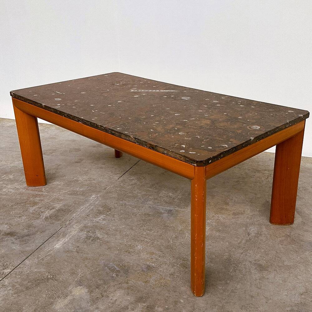 1970s modernist fossil marble coffee table with wooden base