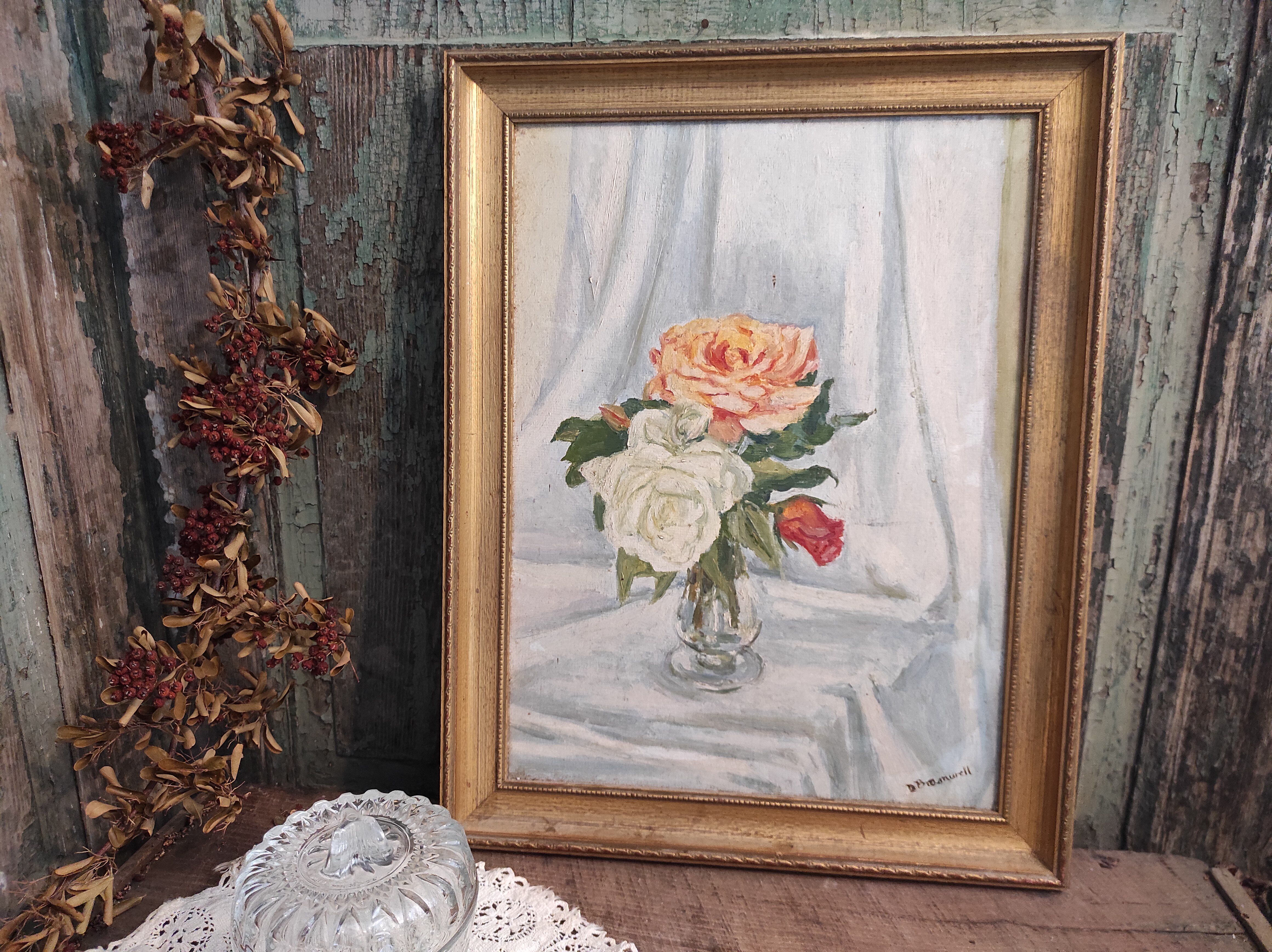 Vintage oil painting of flowers signed Bramwell