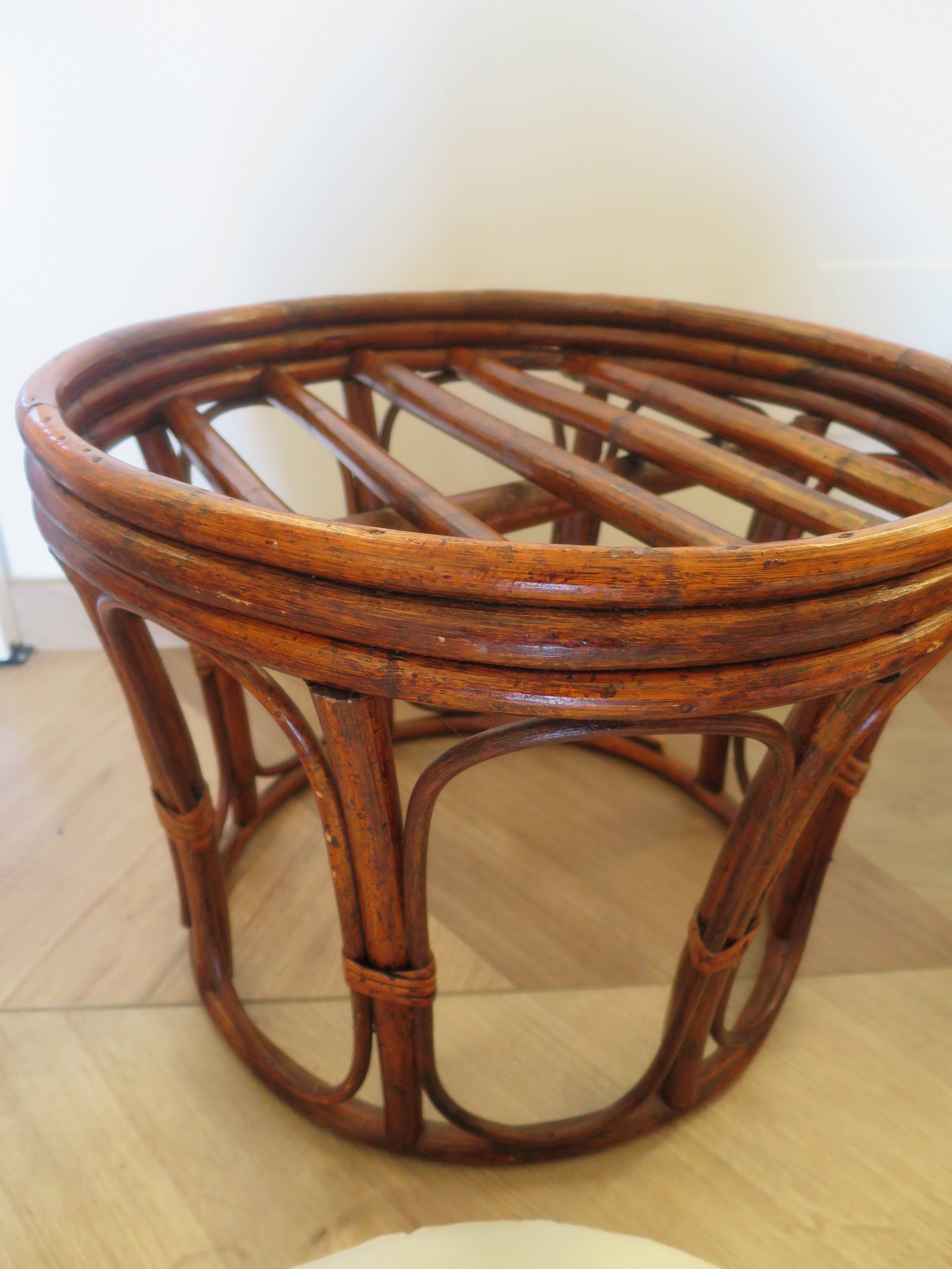 Pretty pair of 2 bamboo and rattan stools with cushions - 80s - Vintage - set of 2
