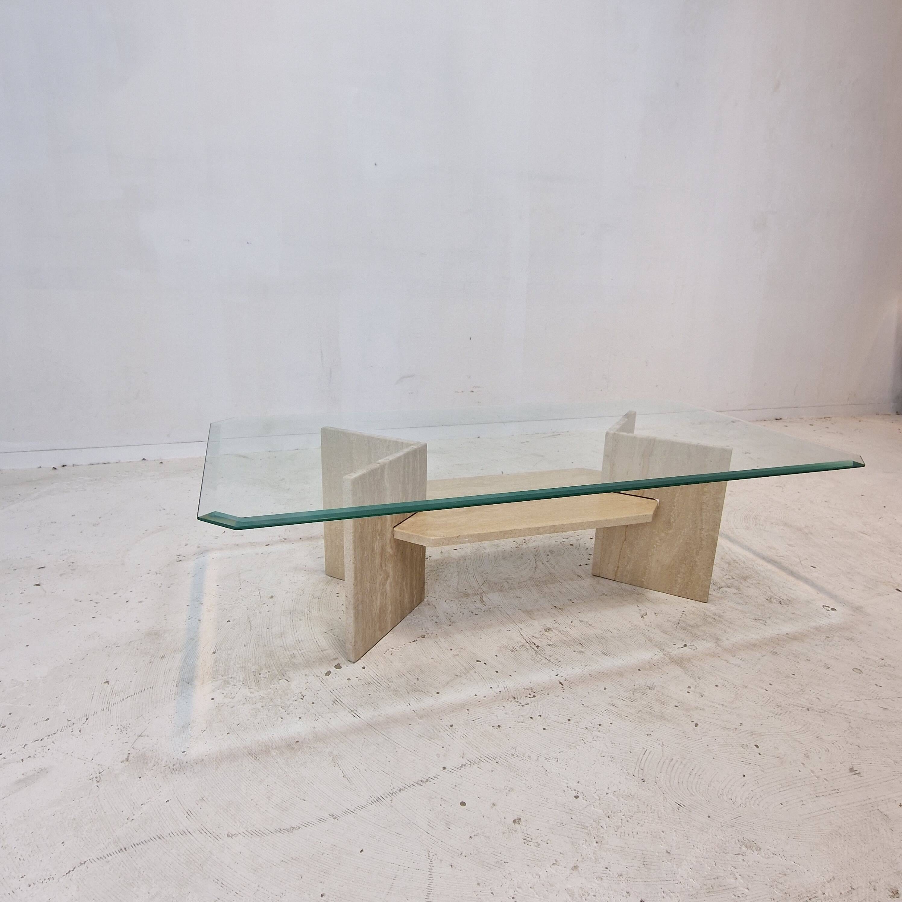 Italian Coffee Table in Travertine and Facet Cut Glass, 1980s