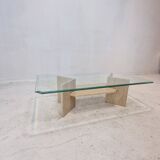 Italian Coffee Table in Travertine and Facet Cut Glass, 1980s