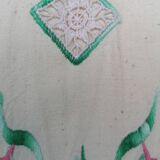 Hand embroidered sheet pink flowers green foliage