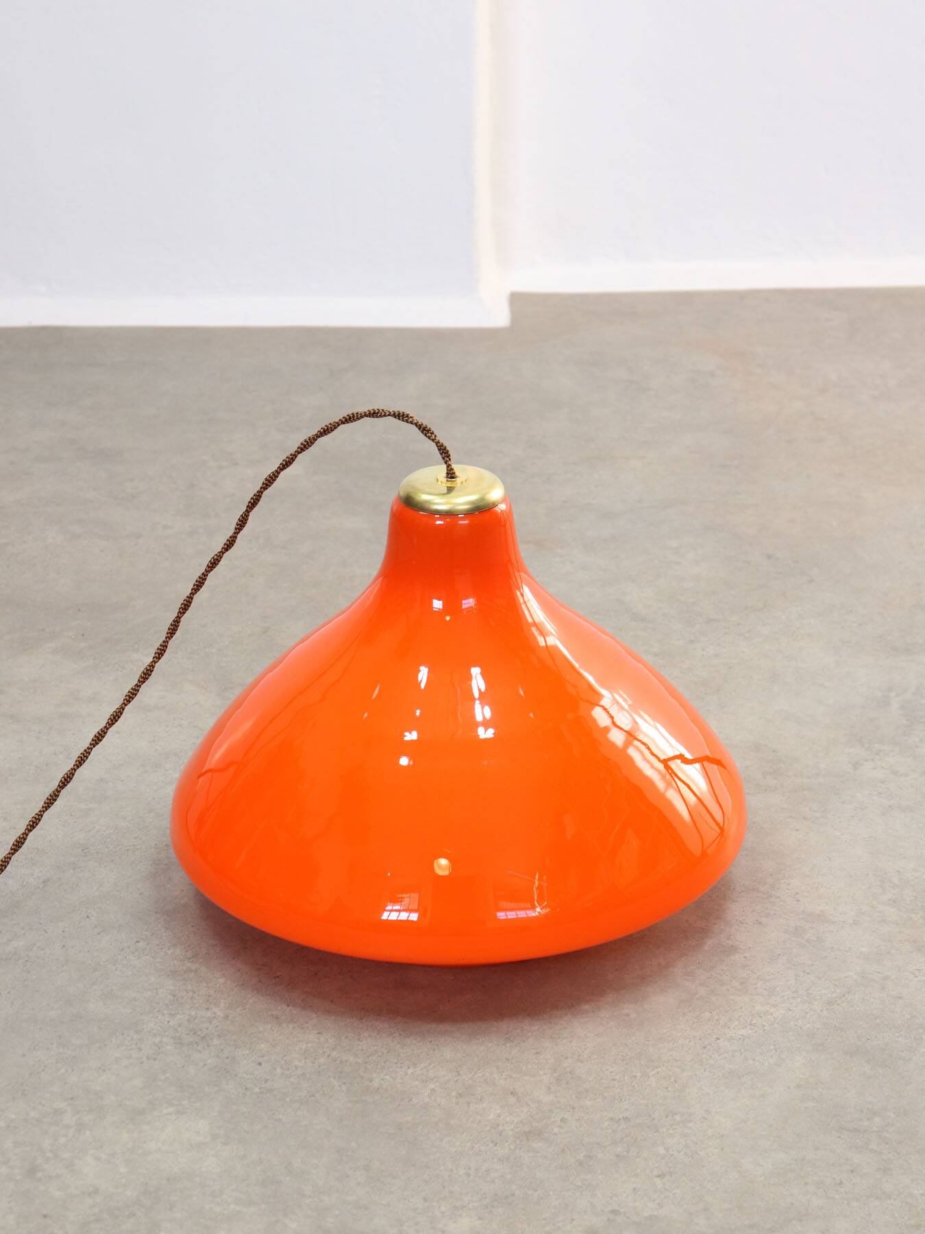 Mid-Century Italian Orange Glass and Brass Pendant Lamp