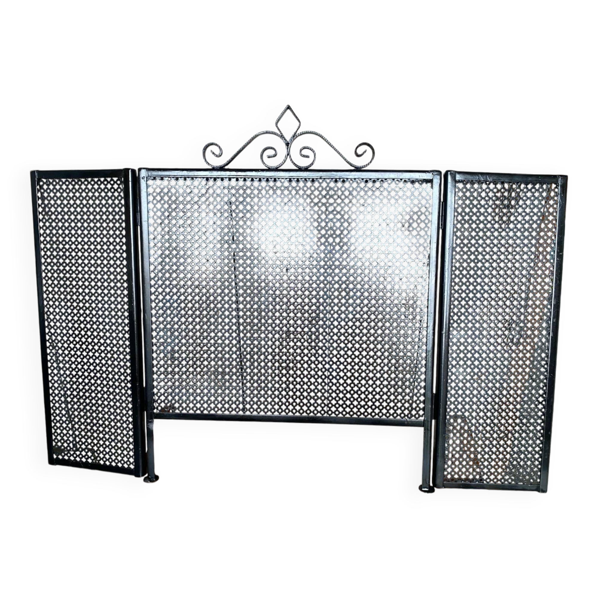 Fireplace screen black metal perforated sheet 3 vintage leaves
