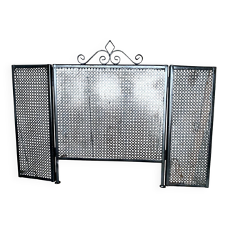 Fireplace screen black metal perforated sheet 3 vintage leaves