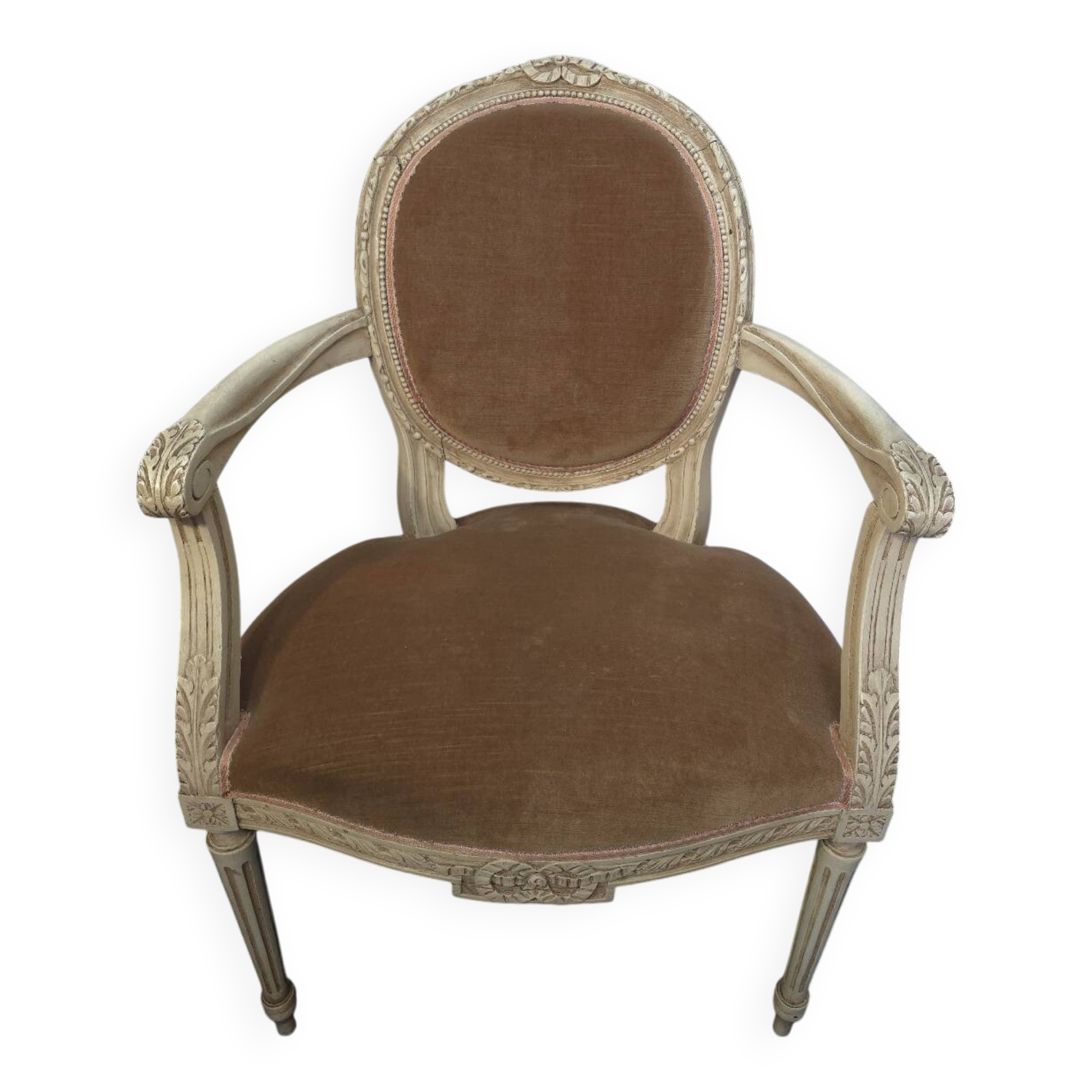 Louis XVI style bergère armchair in patinated wood