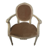 Louis XVI style bergère armchair in patinated wood