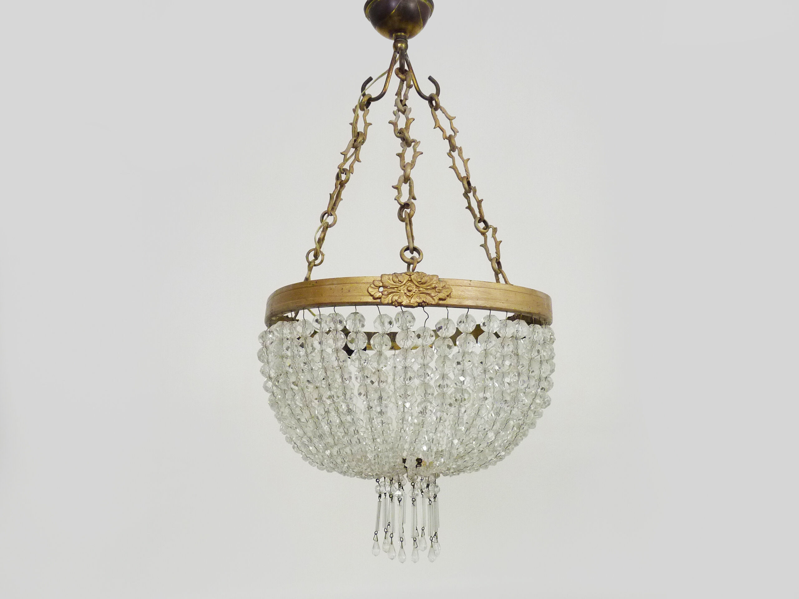 Old chandelier basket Napoleon III glass tassels, bronze structure. Chandelier tassels