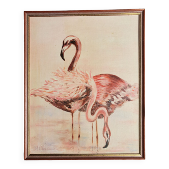 Old painting of pink flamingos signed M Clerfeuille.