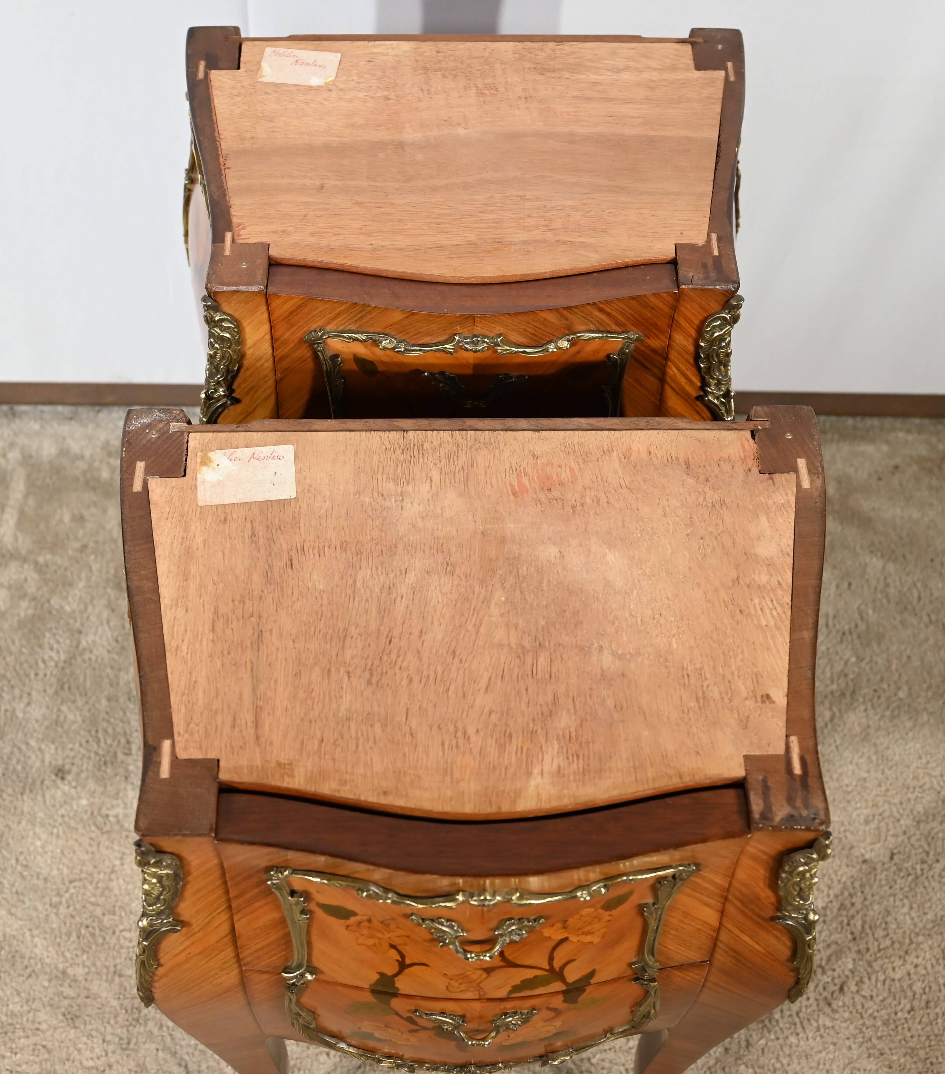 Pair of Bedside Tables in Rosewood and Marquetry, Louis XV style – Mid 20th century