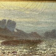 A. Laemmermann, oil painting on cardboard depicting a rocky landscape.