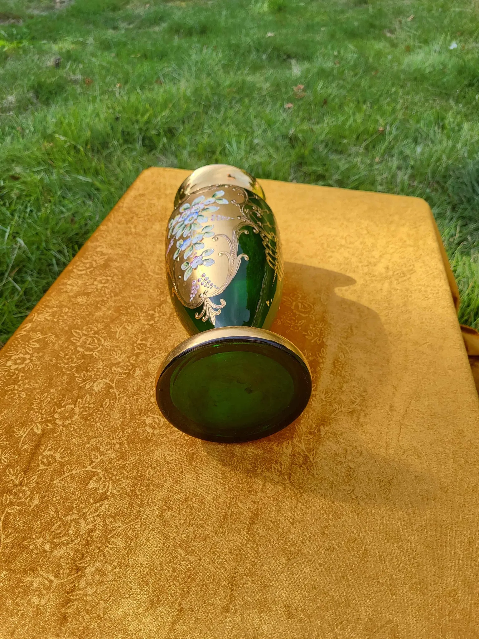Bohemian Crystal Emerald Green Vase with 24K Gold Encrusted Floral Design