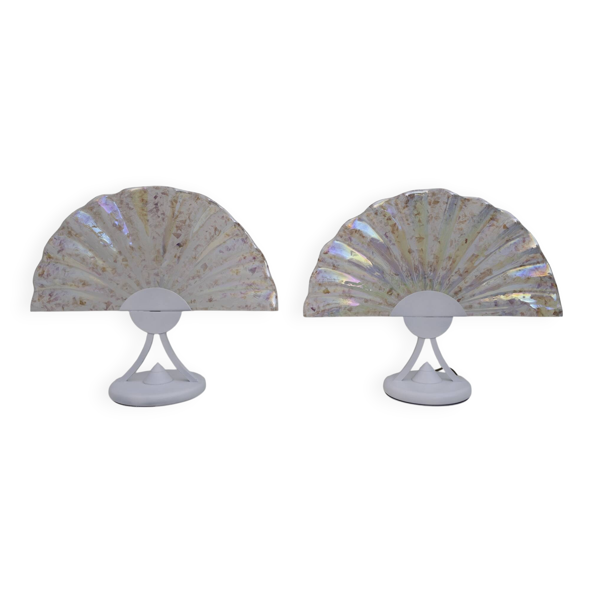 Pair of Postmodern Italian Iridescent Murano Glass Fan Table Lamps, 1980s