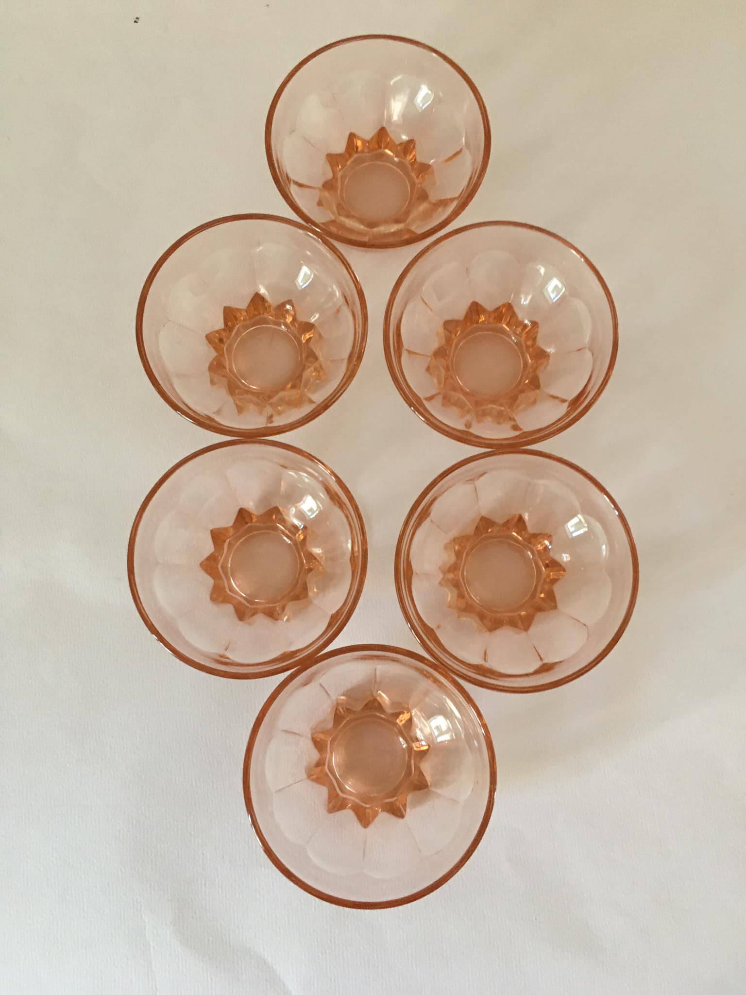 6 vintage pink molded glass cups