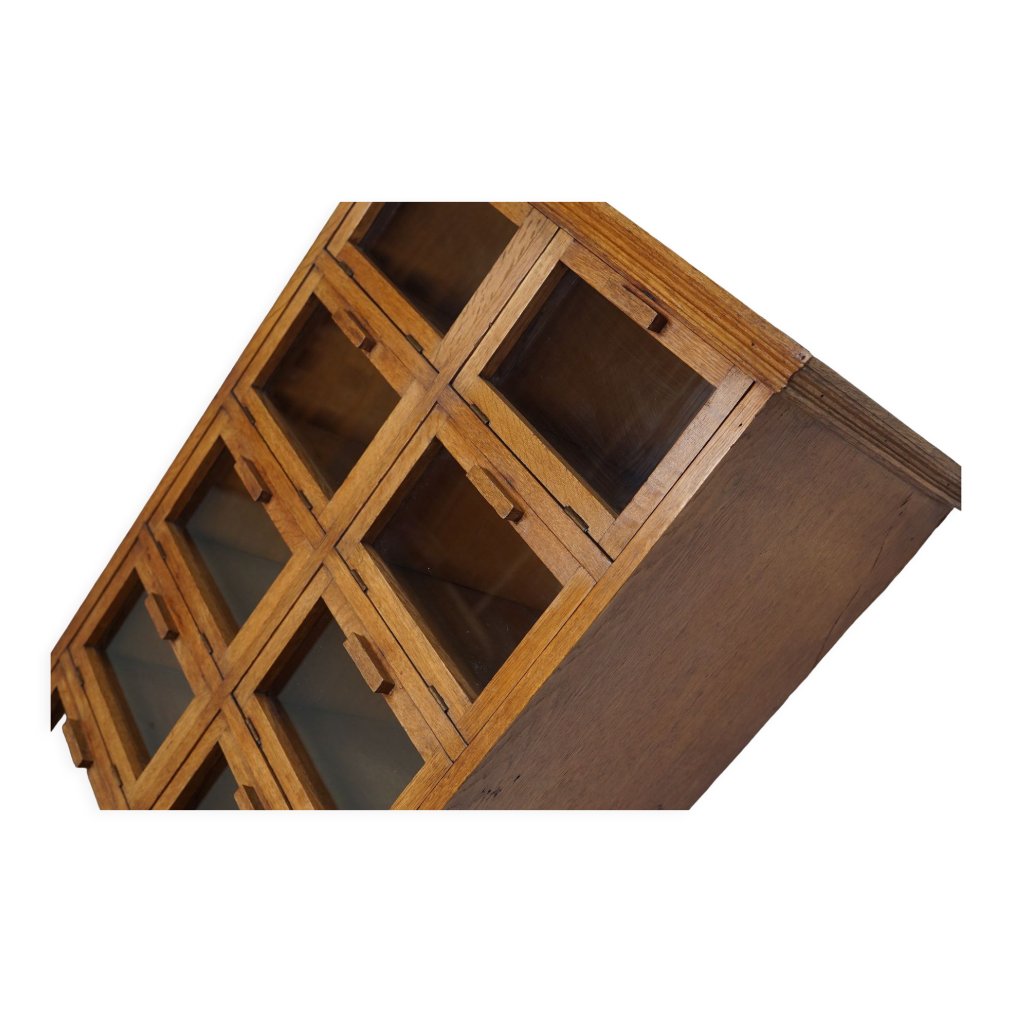 Vintage dutch oak haberdashery shop cabinet / vitrine drop down doors, 1930s