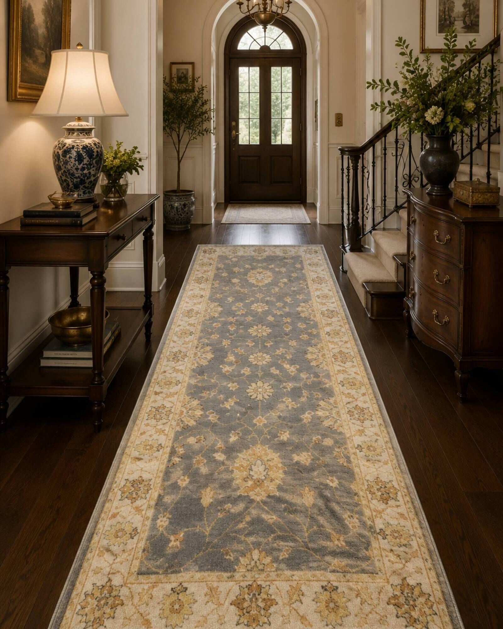 Grey Blue Runner Carpet Handwoven, Wool Handwoven Floral Carpet Rug