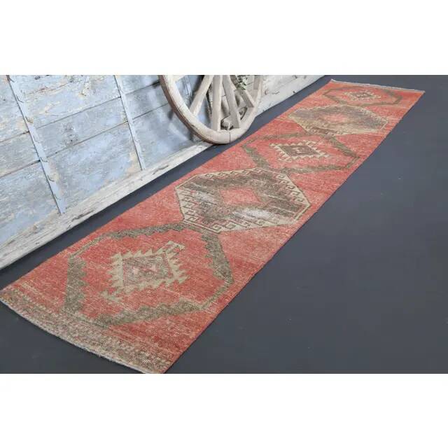 Vintage Turkish Hand-Knotted Wool Cotton Red Runner Rug 85x386