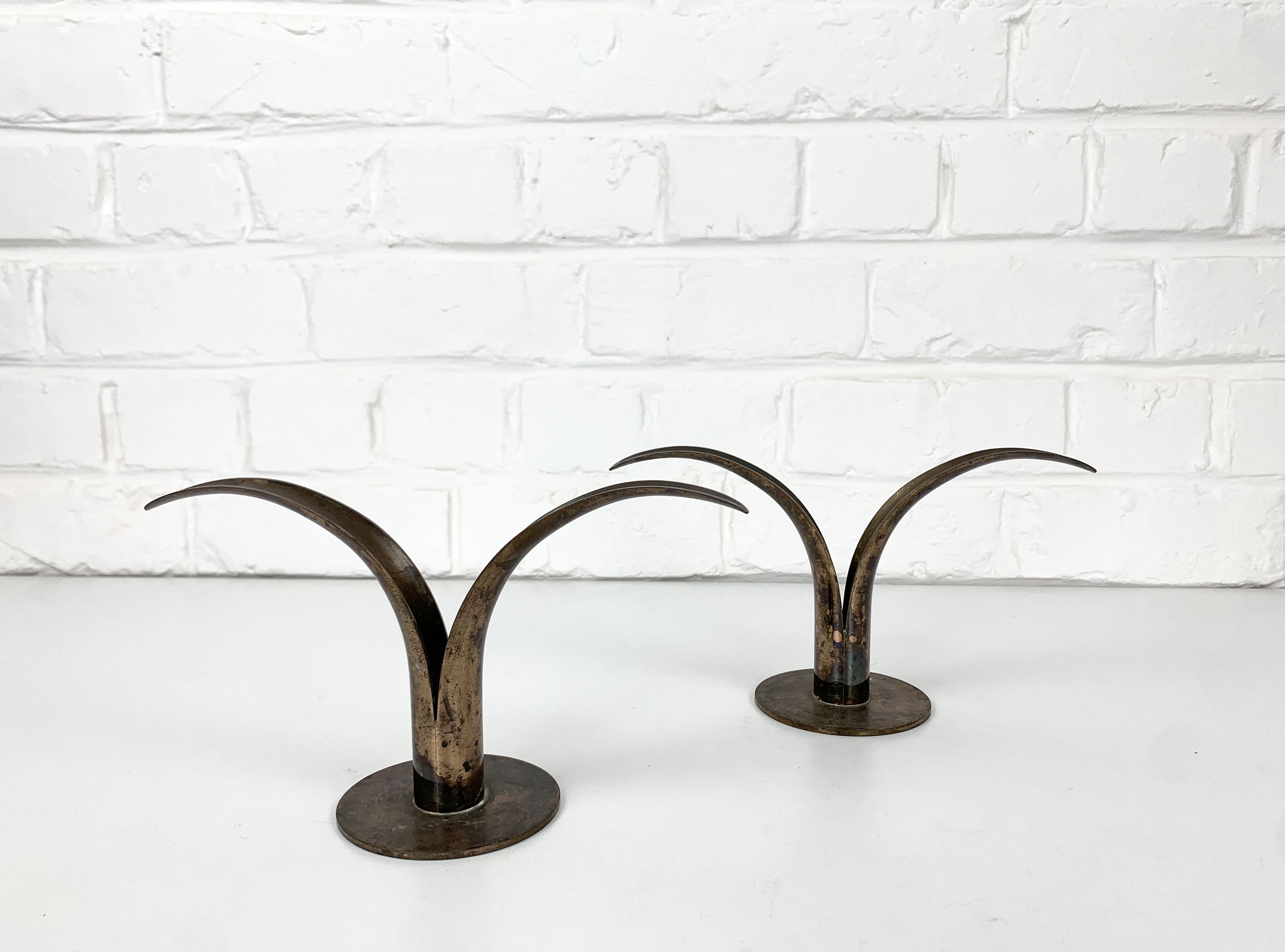 Pair of Lily brass candle holders, Ystad Metall, Sweden, design Ivar Ålenius Björk