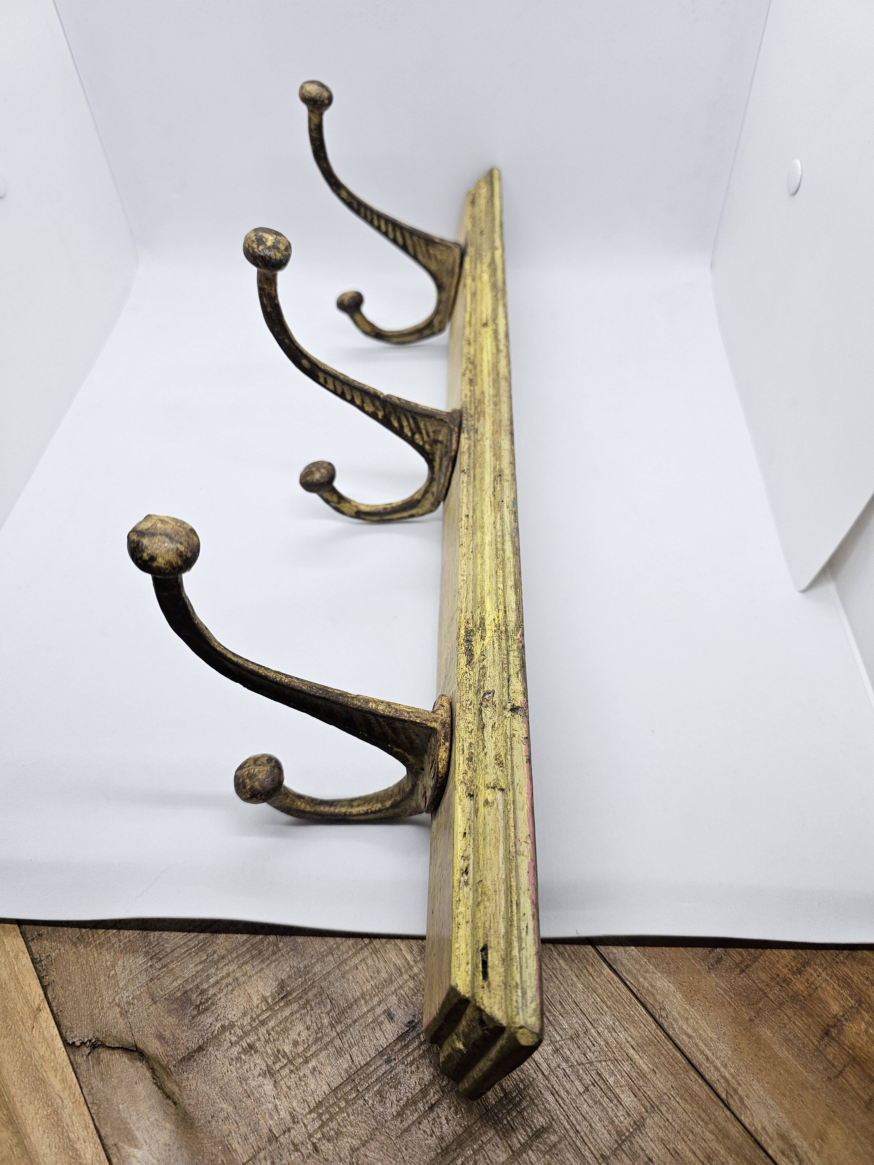 Solid teak coat hook with 3 double cast iron hooks