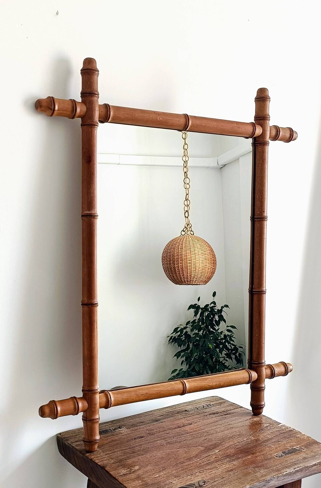 Art Nouveau Faux Bamboo Mirror, 65cm / 25.8", Handmade, Wood, C. 1900