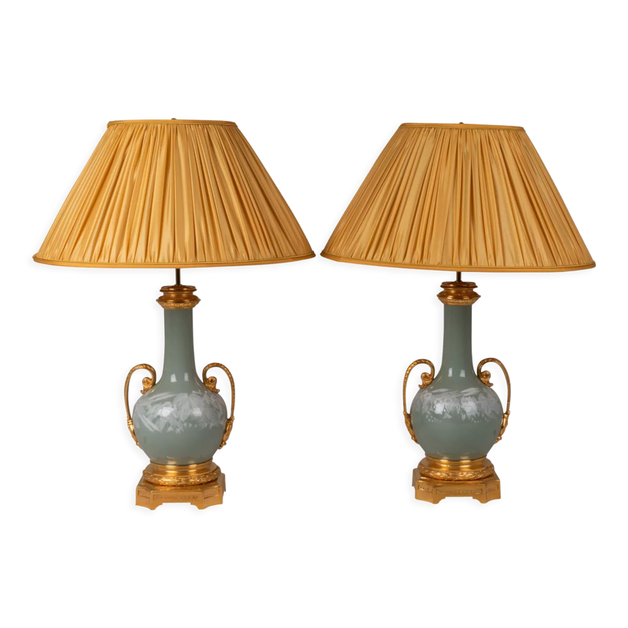Pair of lamps in celadon porcelain and bronze, circa 1880