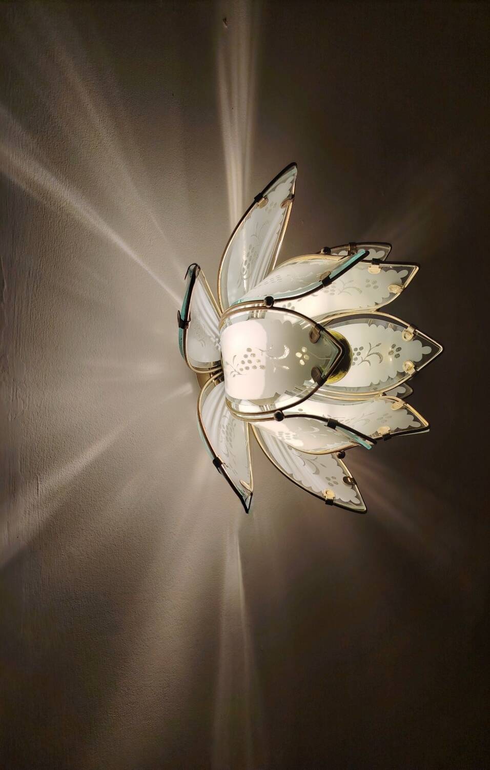 Lotus flower wall sconce in glass with a gold brass rim