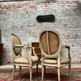 Pair of Armchairs with Back Medallion Lacquered Wood Louis XVI Style XIX Century