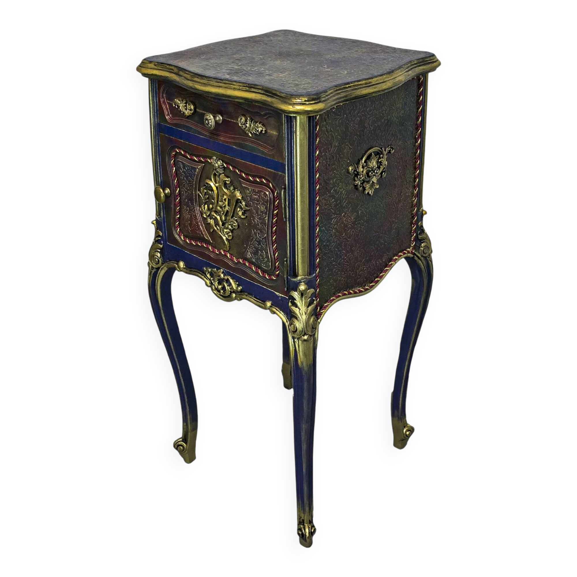Classic revamped furniture – decorative blue and gold bedside table