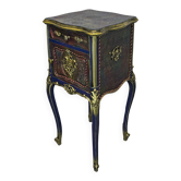 Meuble relooké classique – table de chevet décorative bleu et doré