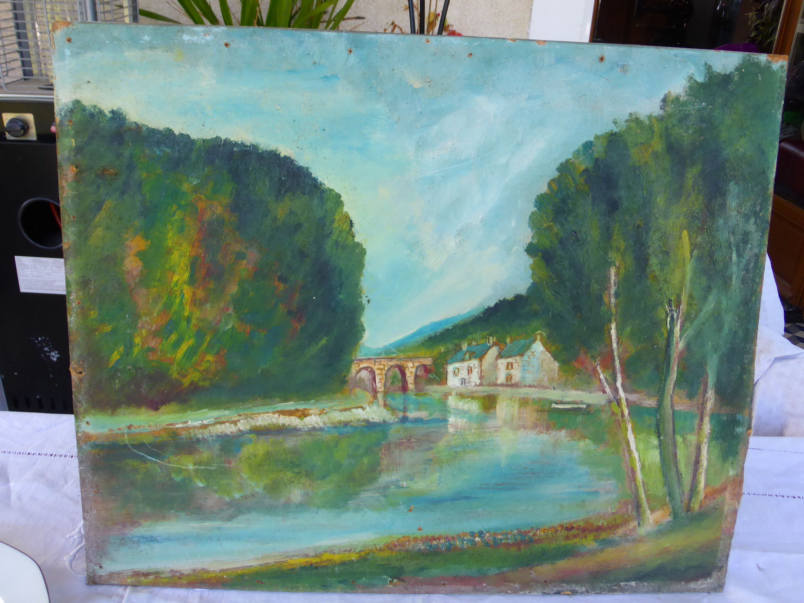 Table the mill by the vintage river 1950, unsigned