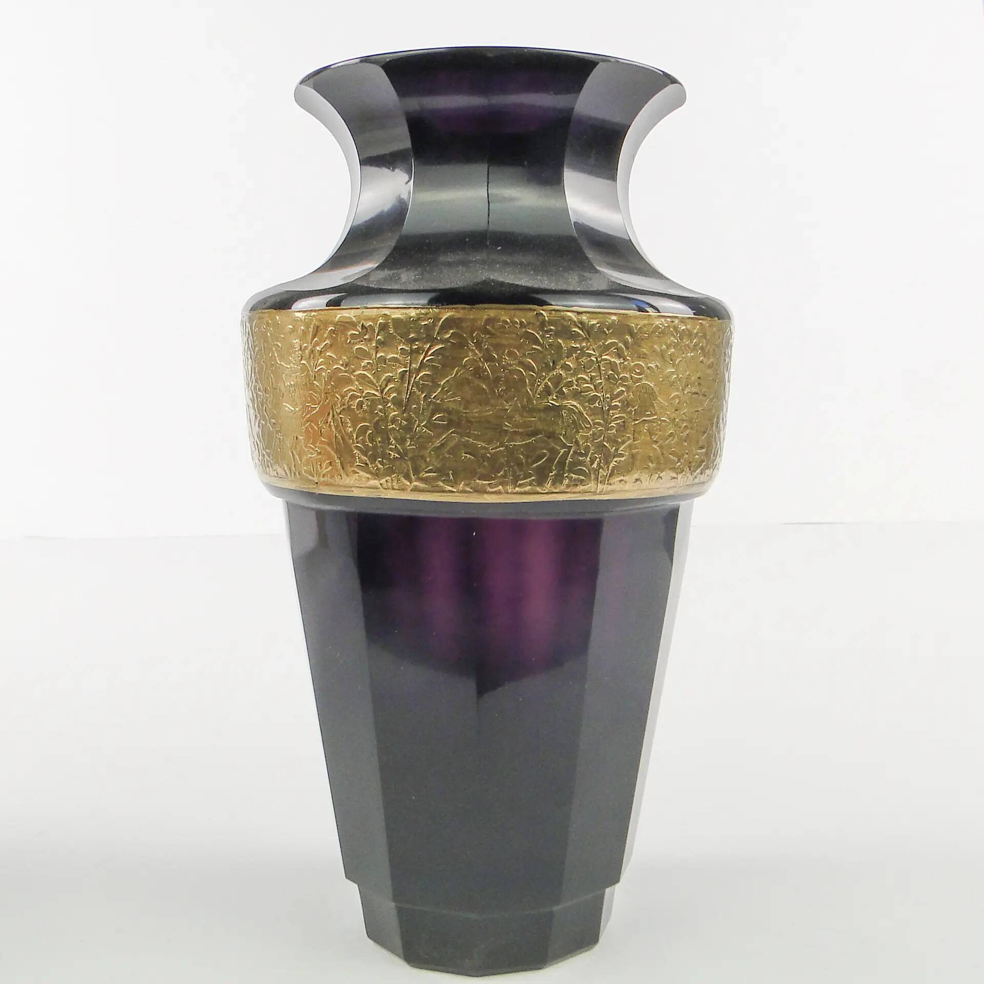 Art Deco vase, manganese glass, oroplastic, Czechoslovakia, 1930s