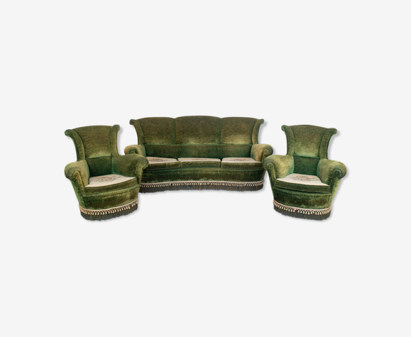 Set salon canapé 2 fauteuils velours boisannées 50