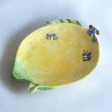 Lemon fruit barbotine plate with flowers and bees in ceramic
