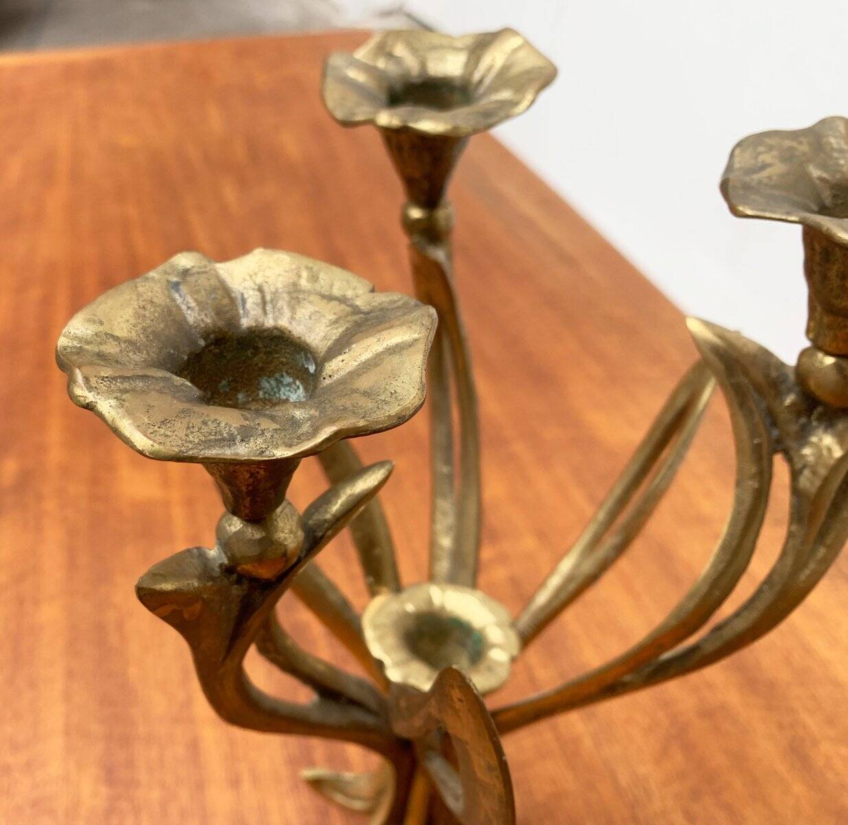 Vintage brutalist floral metal candlestick