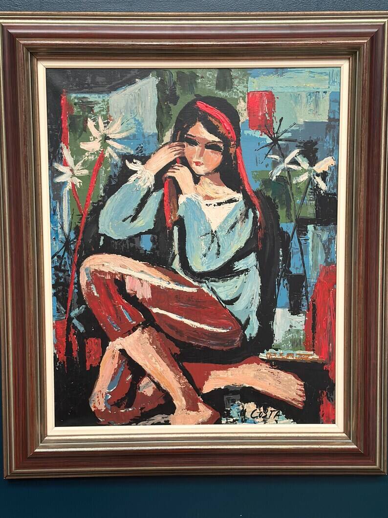 Original Swedish Oil on Canvas - "Portrait of a Young Woman" by M. Costa - Signed - Vintage and Framed - 82.5 × 67.3 cm