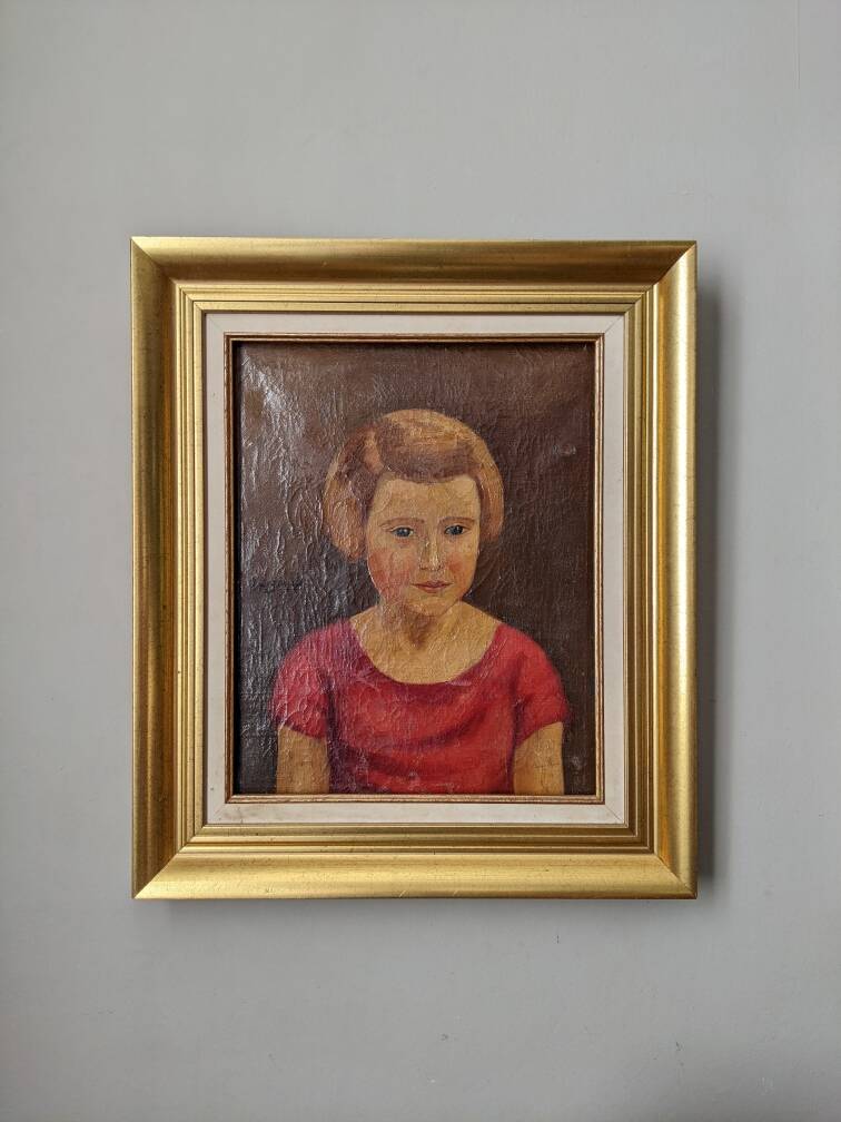 Oil on canvas gilded wooden frame old portrait of a young girl classic
