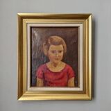 Oil on canvas gilded wooden frame old portrait of a young girl classic