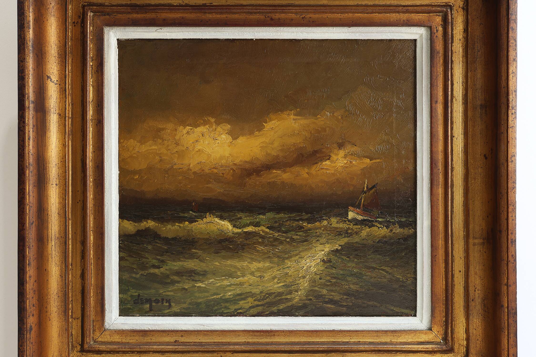Seascape painting by Albert Demoen in Giltwood Frame, Belgium ca. 1940