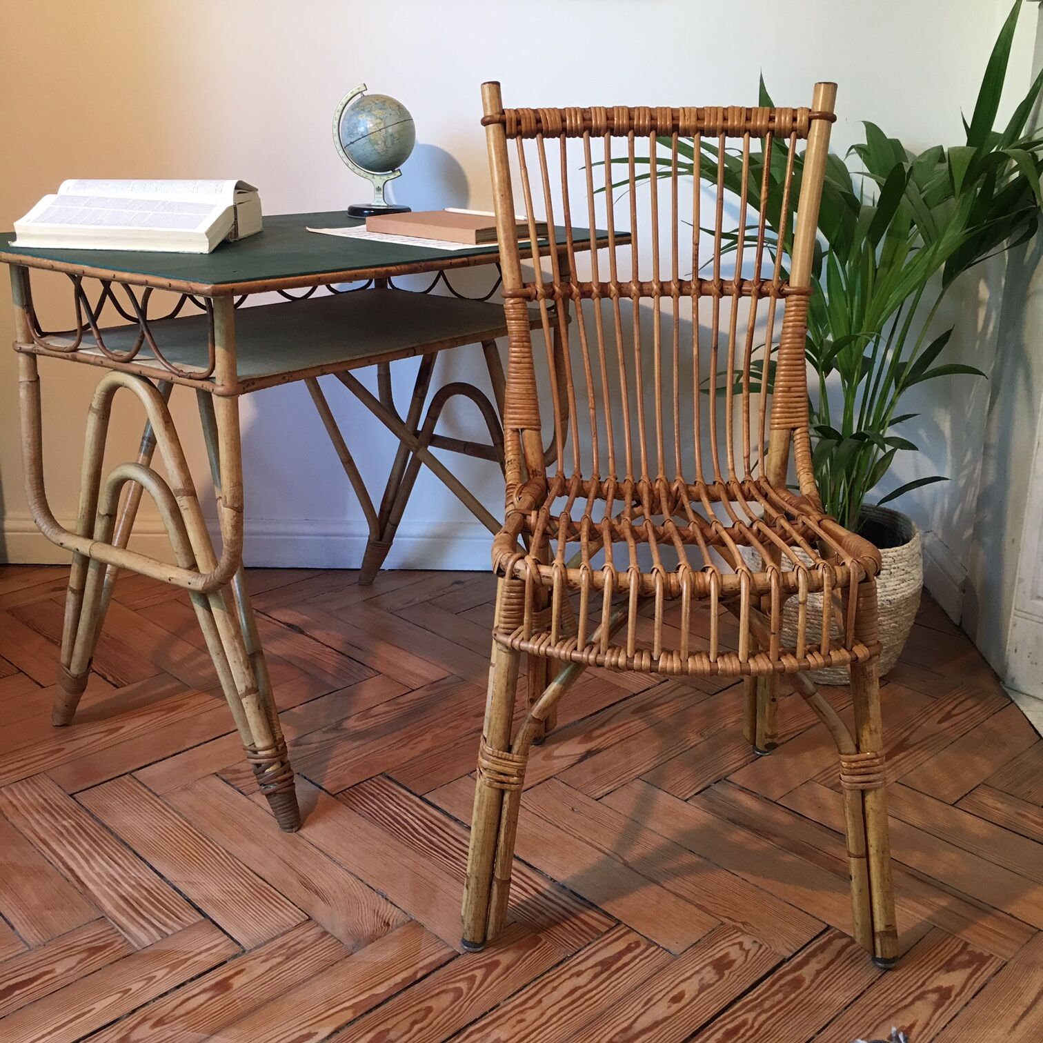 Desk and rattan chair