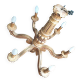 Lustre ancien en bois sculpté, 6 bras de lumière et doré à l’or fin