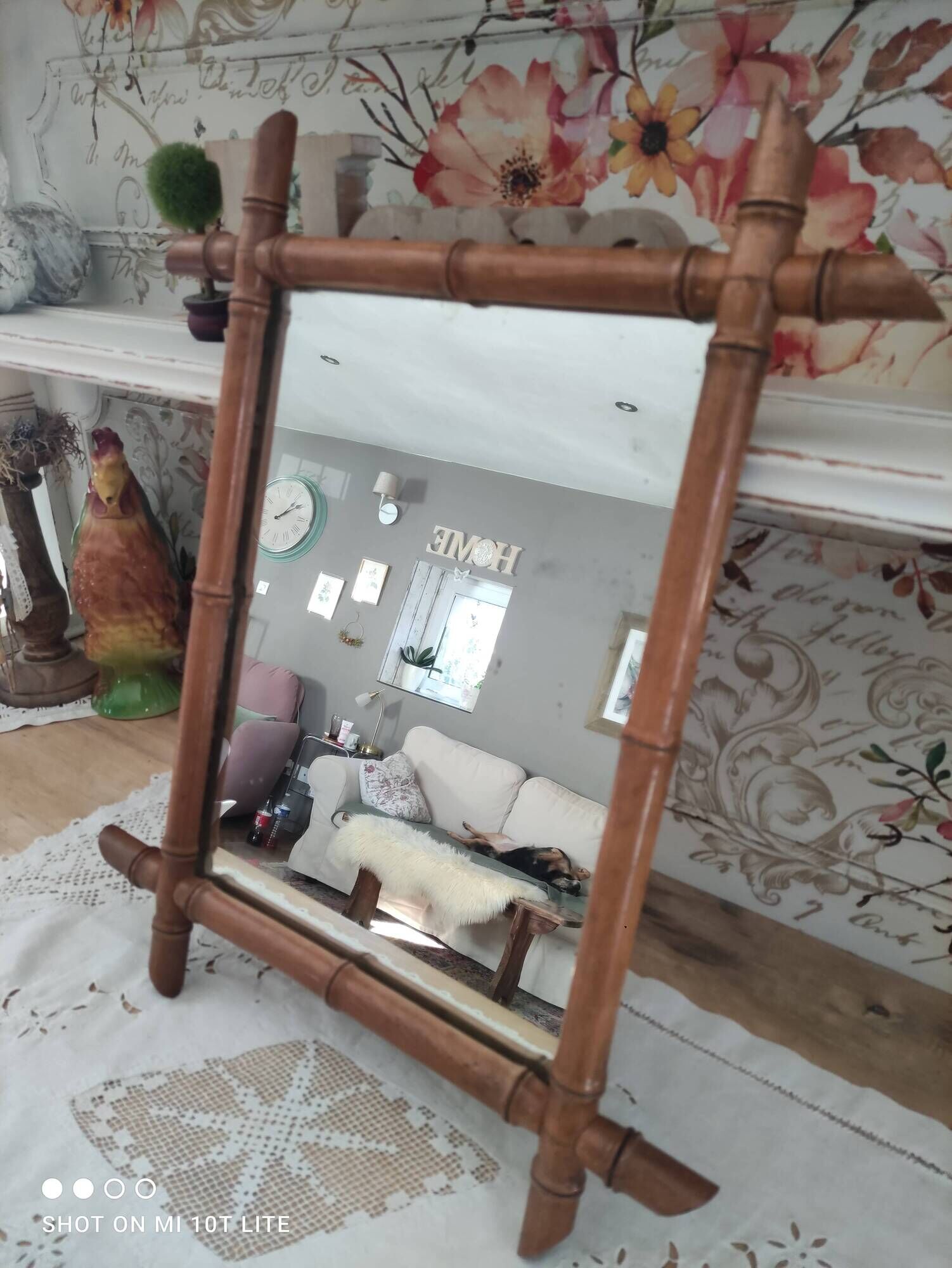 Miroir vintage en bois tourné façon bambou