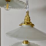 Three-light cascading pendant lamp with vintage white opaline lampshade