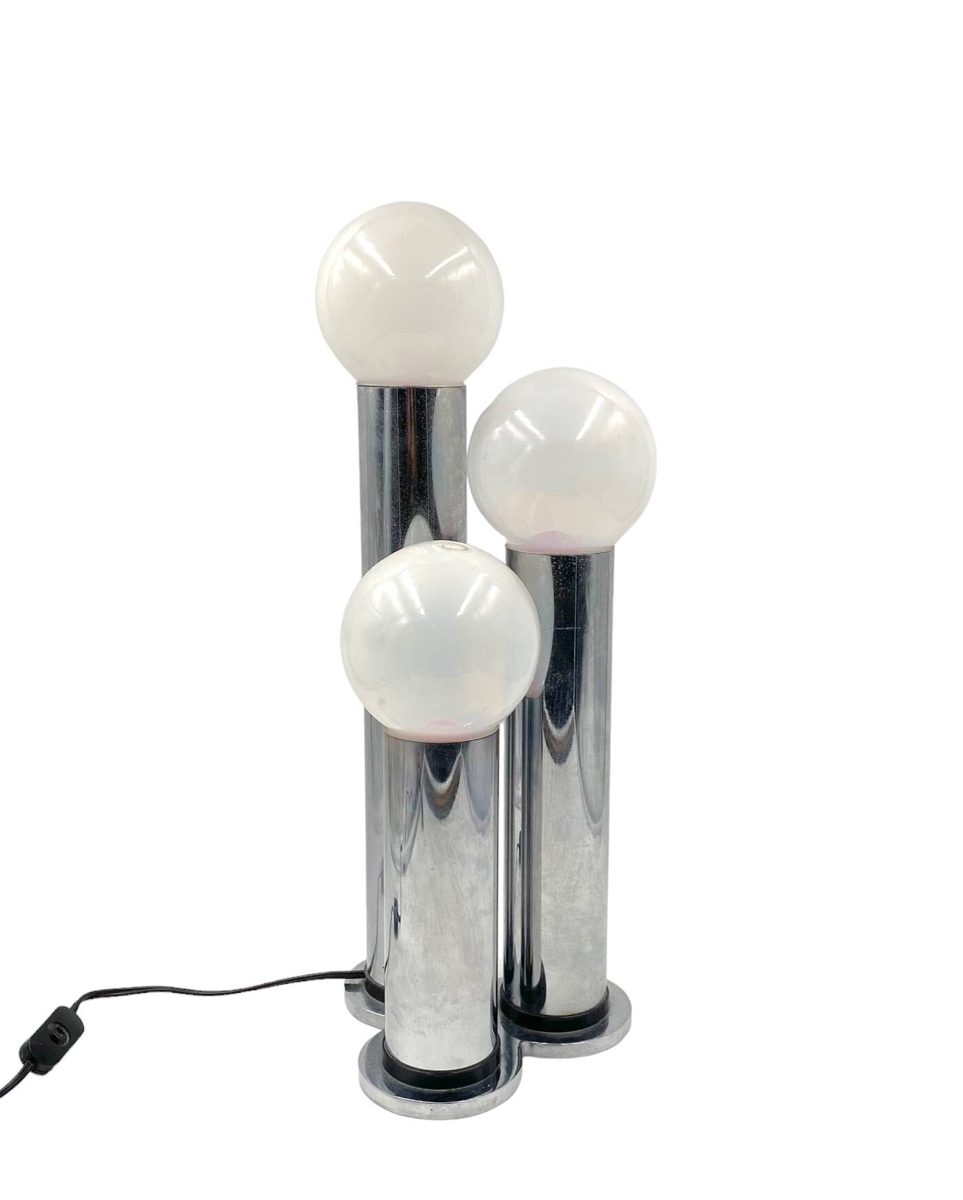 Hollywood regency 3 lights metal and opaline glass table lamp, Lama, Italy 1970s