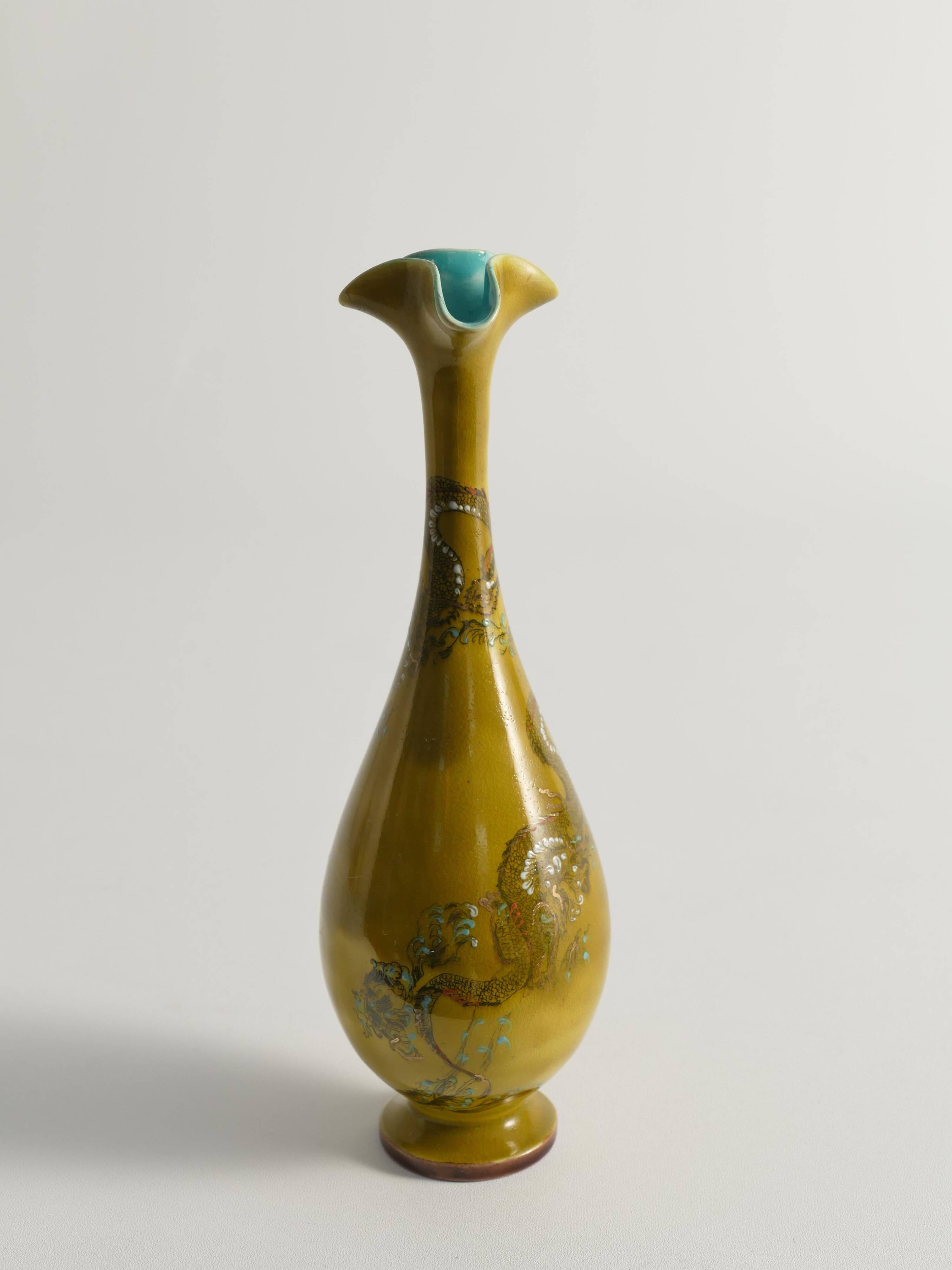 Chinoiserie Ochre Yellow Dragon Vase by Lambeth Doulton Faience, England 1880s