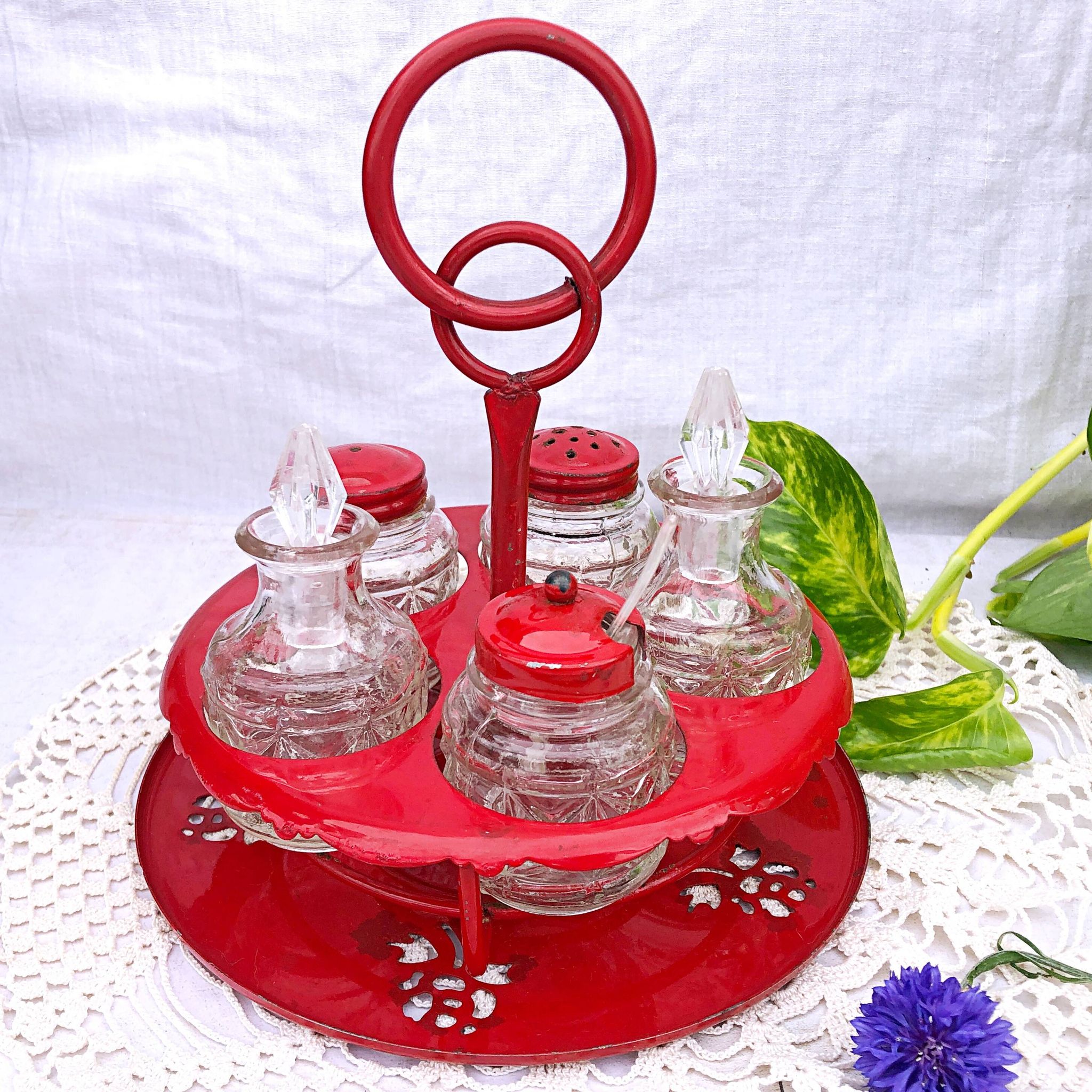 Table condiment server red metal turntable 6 vintage pieces