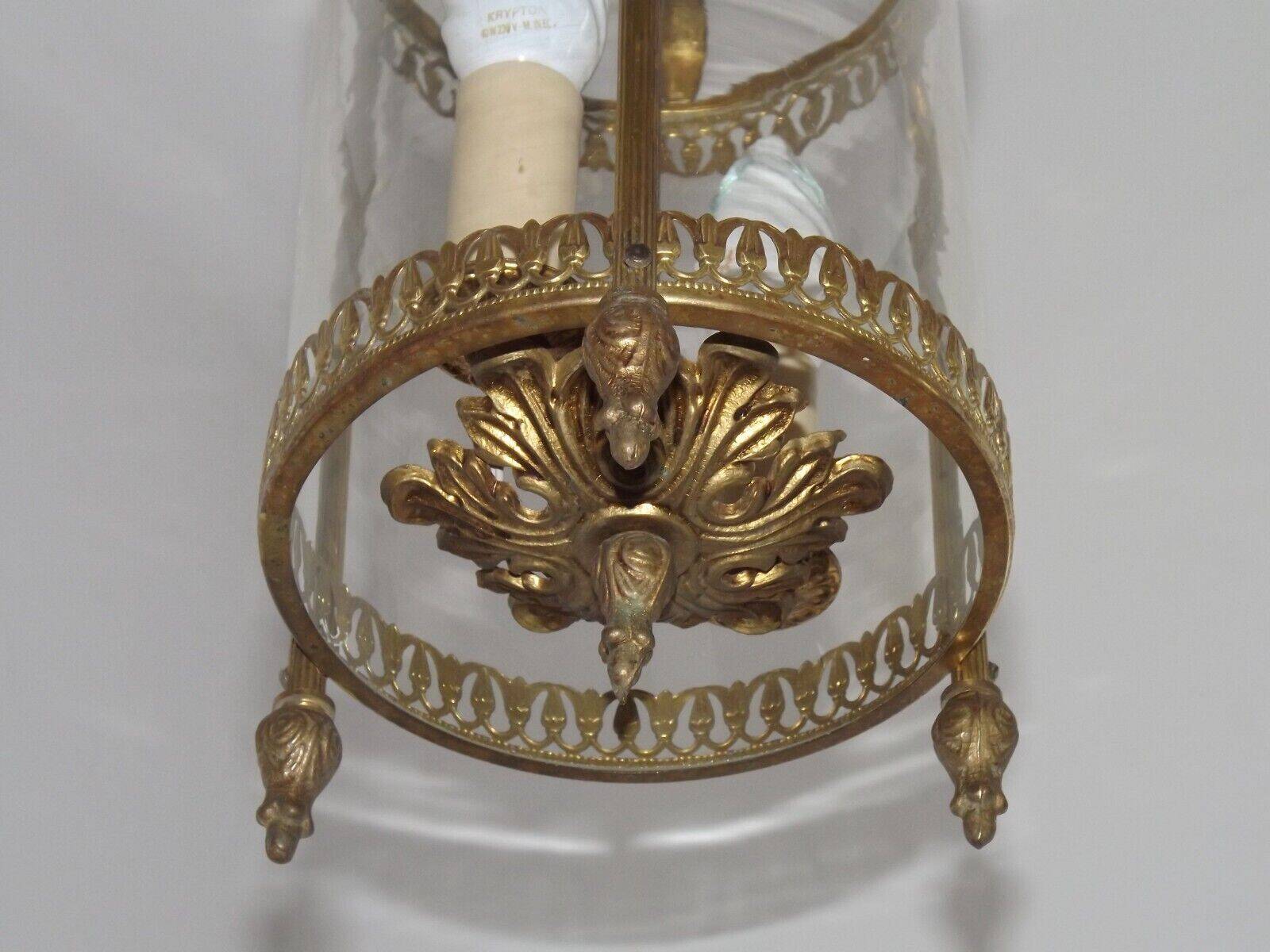 Vintage French Round Gold Metal and Brass 2 Light Lantern Ceiling Light 4724